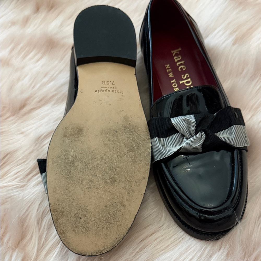 kate spade Black Patent Loafers with Black-and-White Bow - Picture 2 of 2